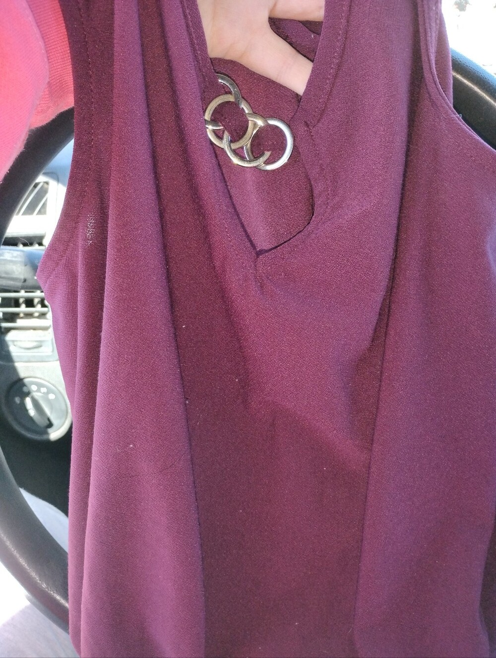 V-Neck Sleeveless Tank with Triple Silver Ring Accent - Plum